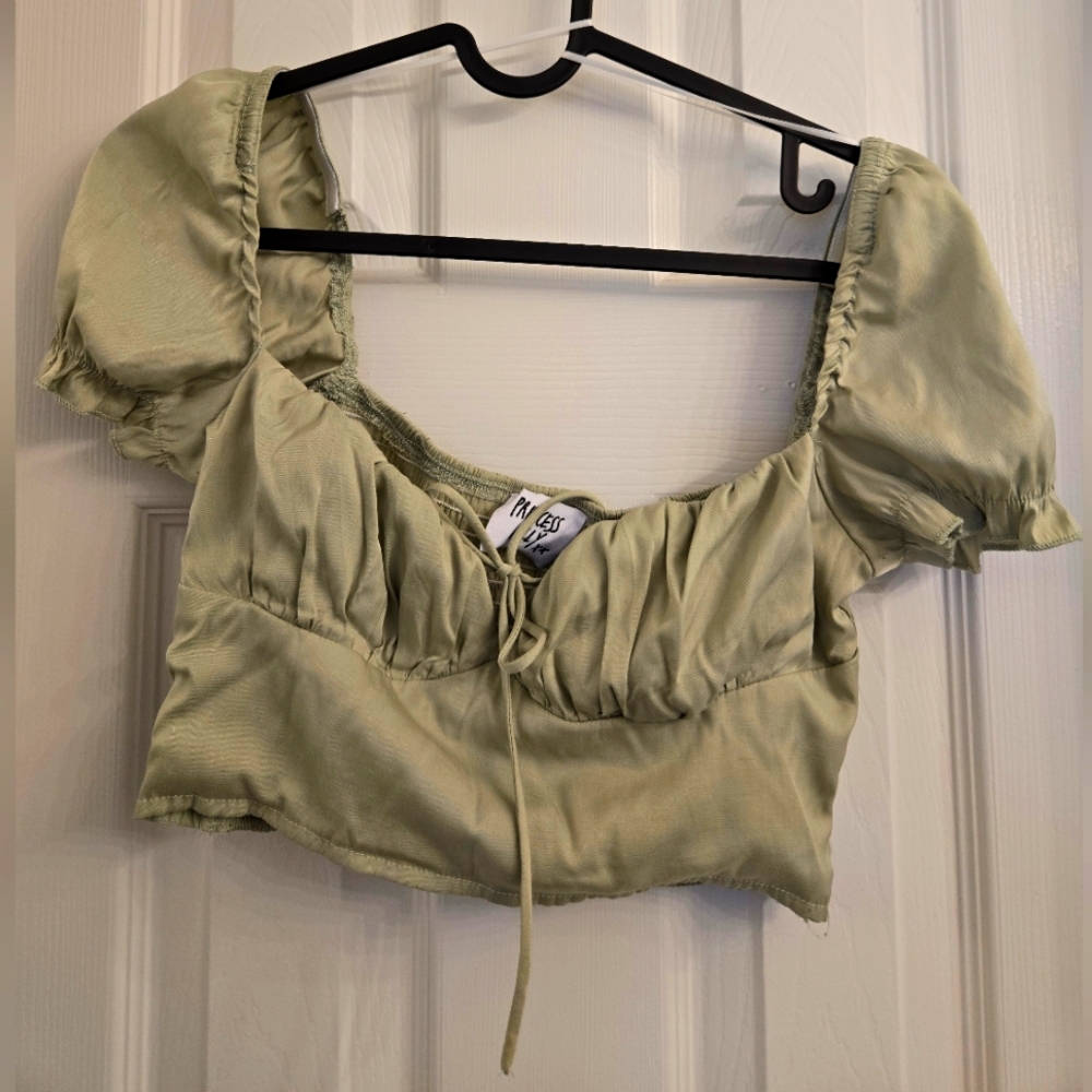Princess Polly - Sage Green Puff Sleeve Crop Blouse